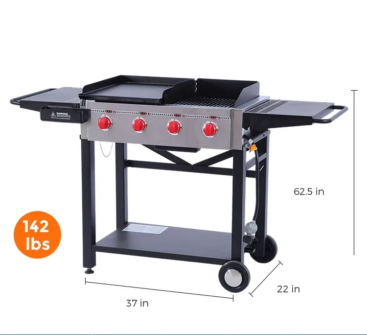 &4 Burner High Power Stainless Steel Propane Gas Grill  Outdoor BBQ Oven Multifunctional Cooking Grill with Double Fuel Tanks