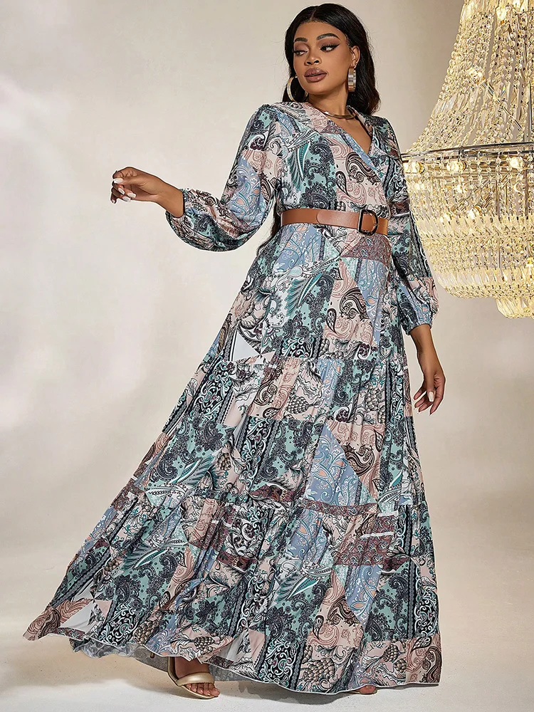 TOLEEN- Vestido de talla grande con estampado de almazuela para mujer, manga acampanada, dobladillo con volantes, moda bohemia, vestidos largos elegantes con cinturón