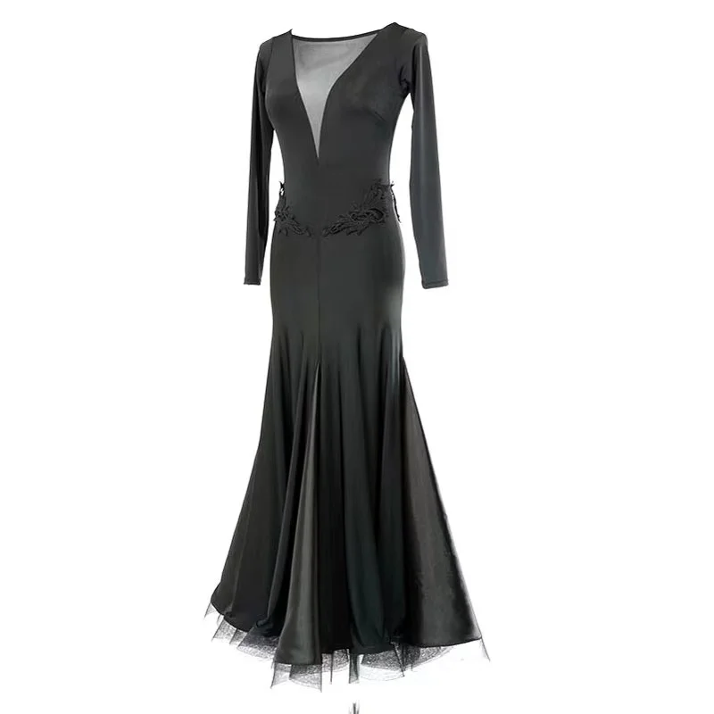 Black Ballroom Competition Dance Dresses Women High Quality Flamenco Skirt Lady's Elegant Long Sleeve Standard Ballroom Dress