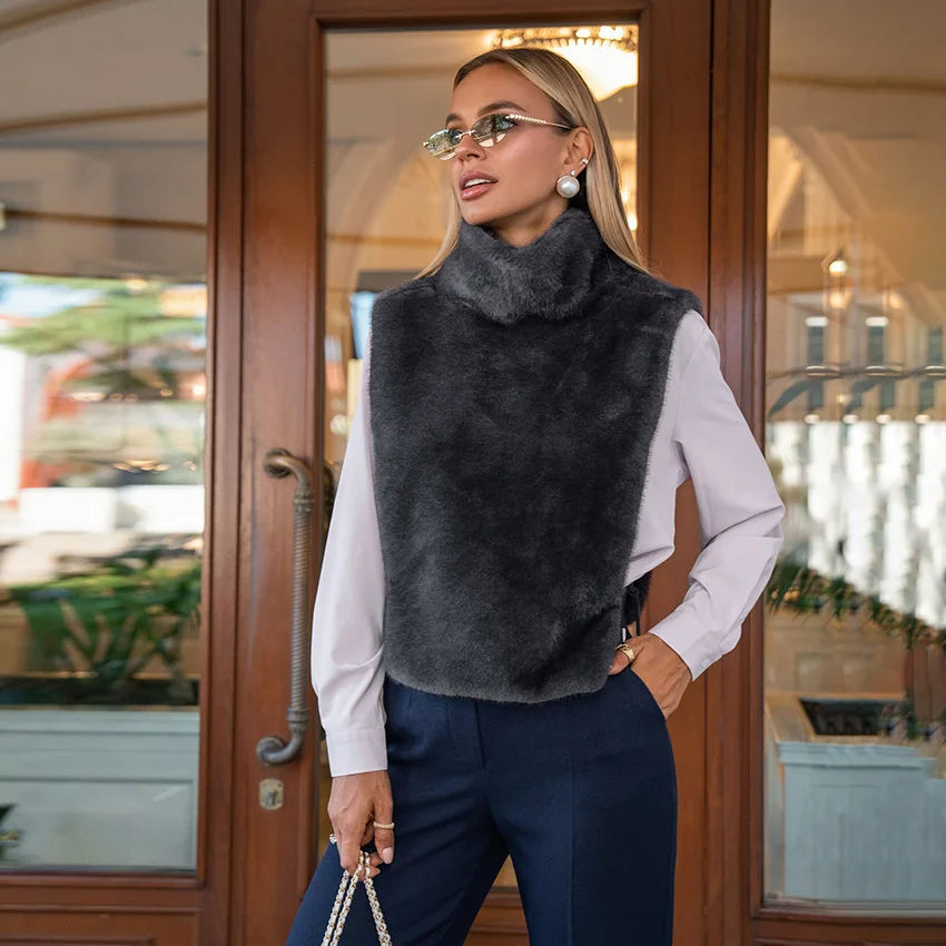 Women's Light Luxury Plush Vest High-End Feel Warm Autumn Winter Imitation Mink Fur High Neck Elegant Camisole Top