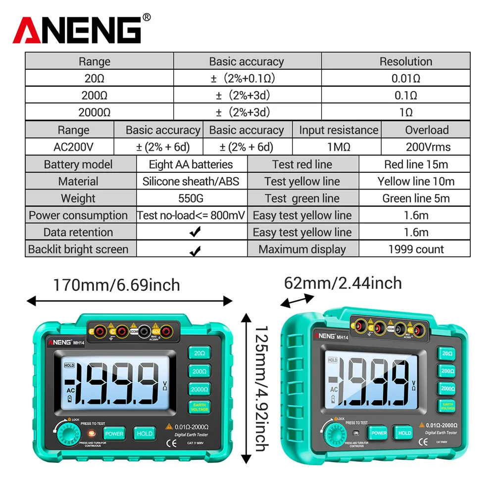 ANENG MH14 Digital Megohmmeter Insulation Resistance Meter Earth Ground Resistance Voltage Tester Voltmeter Meter Tester Tools