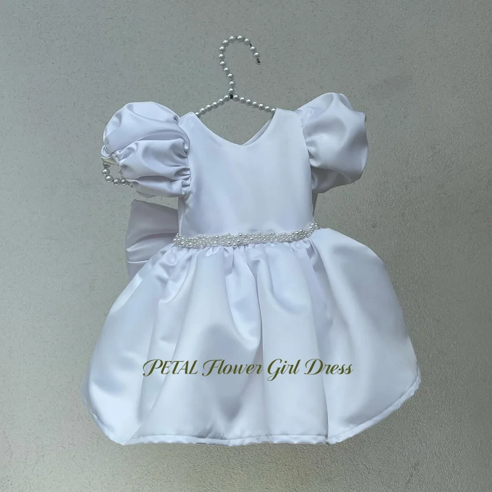 

Petal A Line Flower Girl Dress with Pearls Puff Sleeve Pageant Dress with Pleats Children First Communion Dress Customized