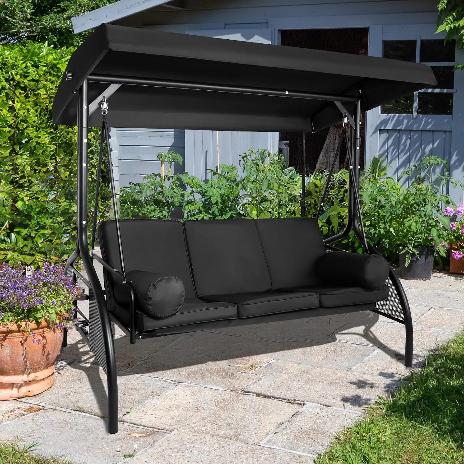 2 In 1 Outdoor Porch Swing, Outdoor Swing With Canopy, 3-Seat Porch Swing With Stand Convertible Backrest Swing Bed W/Cup