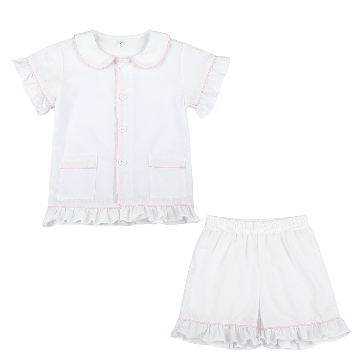 Spring Summer Children Pajamas Sets Baby Girls Boys Homewear Sibling Outfits White Seersucker Soft Kids Long Sleeve Pyjamas Set