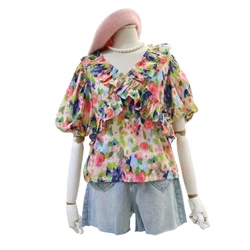 Spring Cotton V-Neck Design Sense Lotus Collar  Women's Tops Sweet Floral Print Half Sleeve Loose Fit Cute Shirts Blouses Blusas