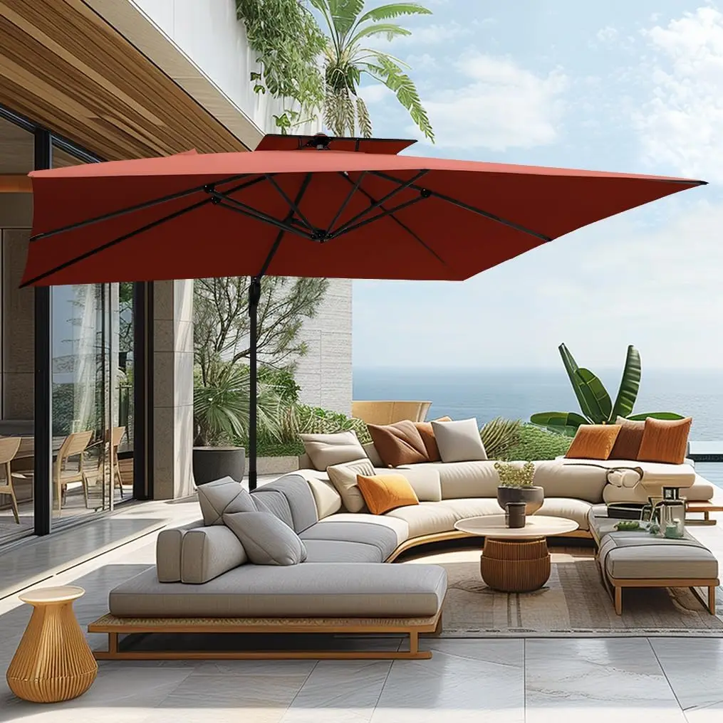 Crank Handle Cantilever Umbrella with 360-Degree Rotation and 6-Level Tilt for Outdoor Rectangle Patio