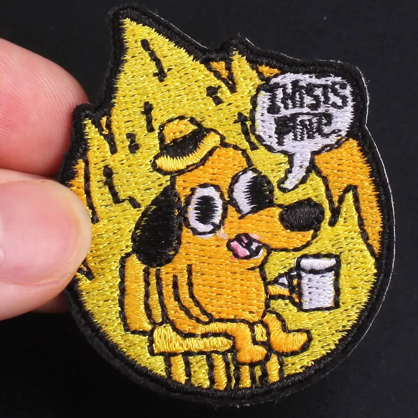 

THIS IS FINE Cartoon Dog Patch Badge Funny Cartoon Creative Animal Dog Cat Coffee Cup Embroidered Patches on Clothes Stickers