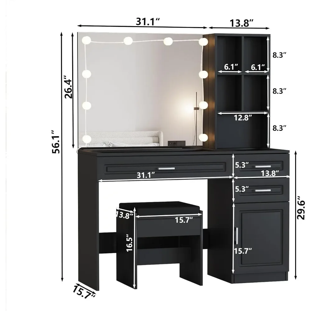 Factory Direct 2026 Glass Top Vanity Table with Lighted Mirror,Large Makeup Desk with 3 Drawers and Cabinets