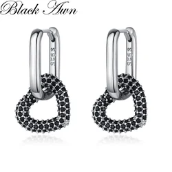 Black Awn Classic Silver Color Round Black Trendy Spinel Engagement Hoop Earrings for Women Jewelry Bijoux I317