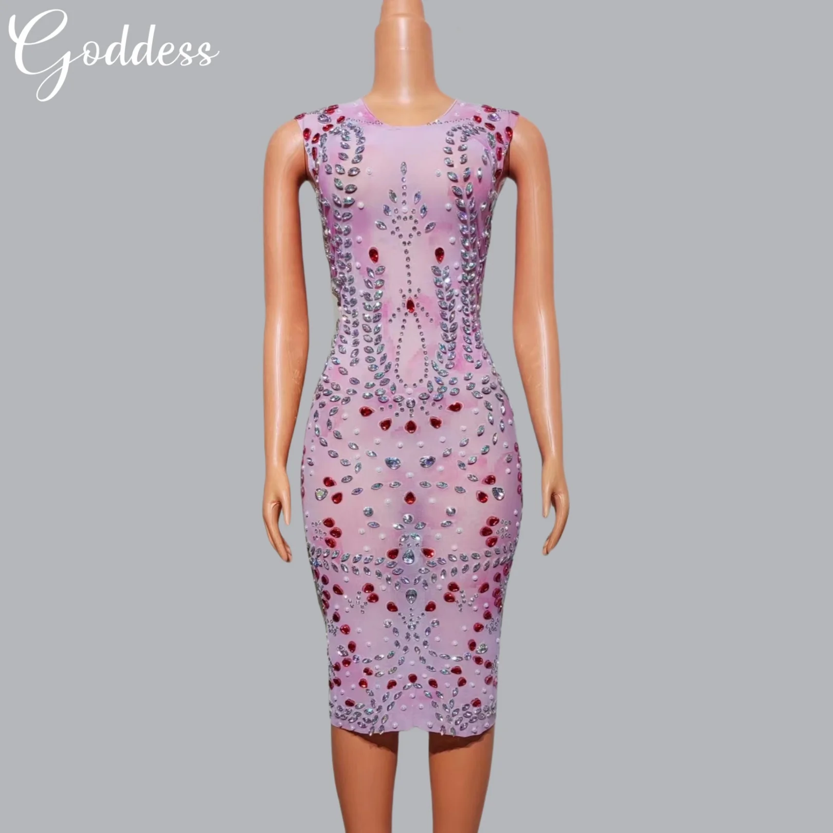 

Elegant Pink Dress and Sexy Sheer Mesh Glitter Rhinestone Sleeveless Evening Dress Birthday Party Queen Attends Prom Shine Dress