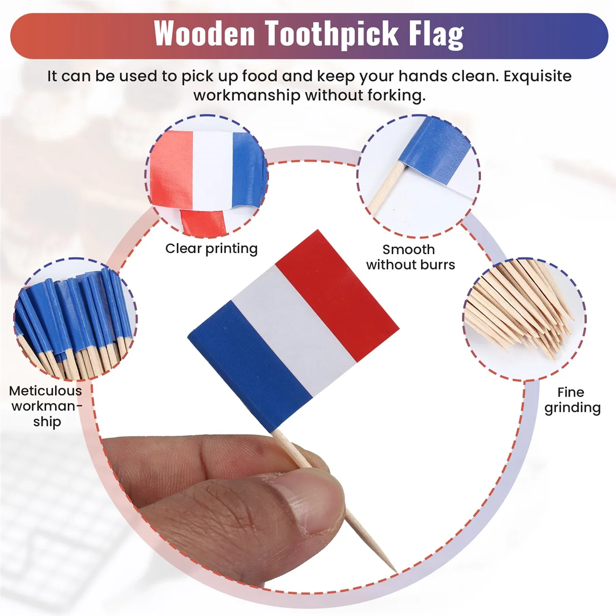 Lote de 50 mini palillos de dientes de madera con bandera para decoración de repostería de frutas - Francia (azul, blanco, rojo)