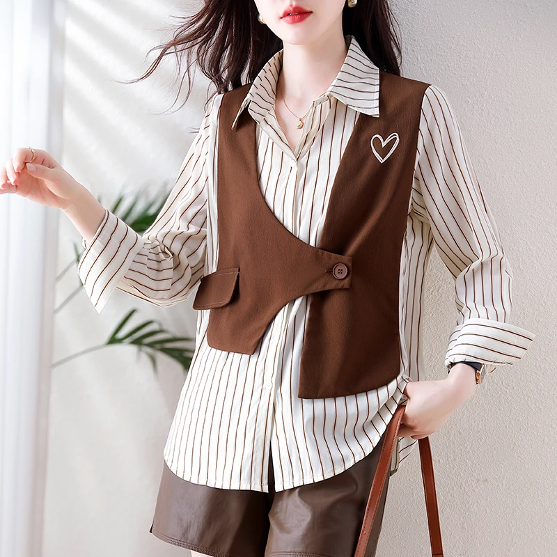 QOERLIN Fashion Fake Two-Piece Embroidered Striped Blouse 2024 New Long Sleeve Turn-Down Collar Button Up Blouse Elegant Tops