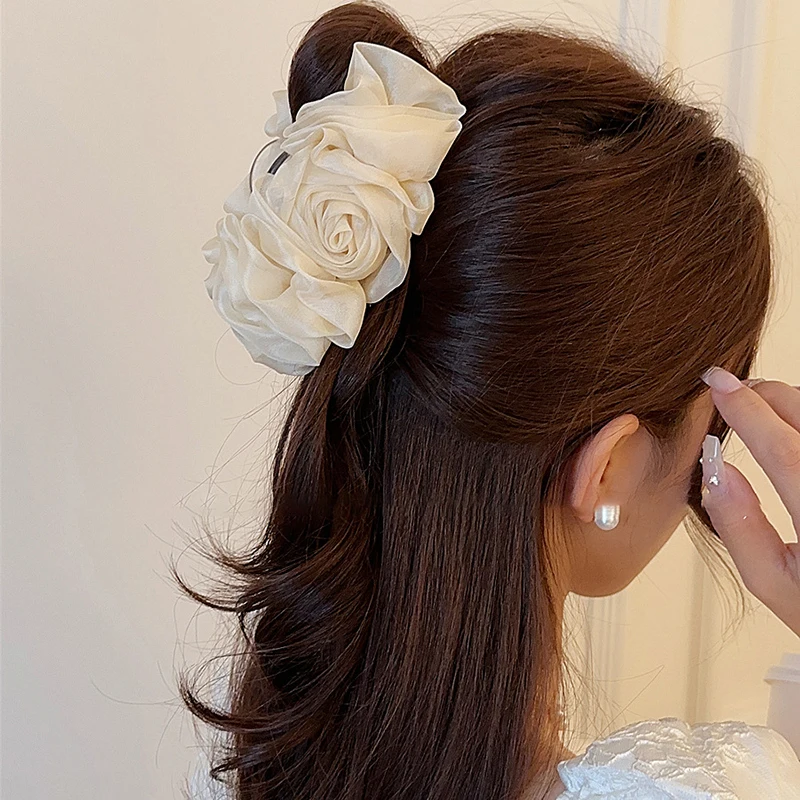 Elegant Silk Chiffon Flower Bow Large Hair Claw Fabric Ribbon Flower Rose Barrettes Women Girls Large Hairpin Hair Accessories