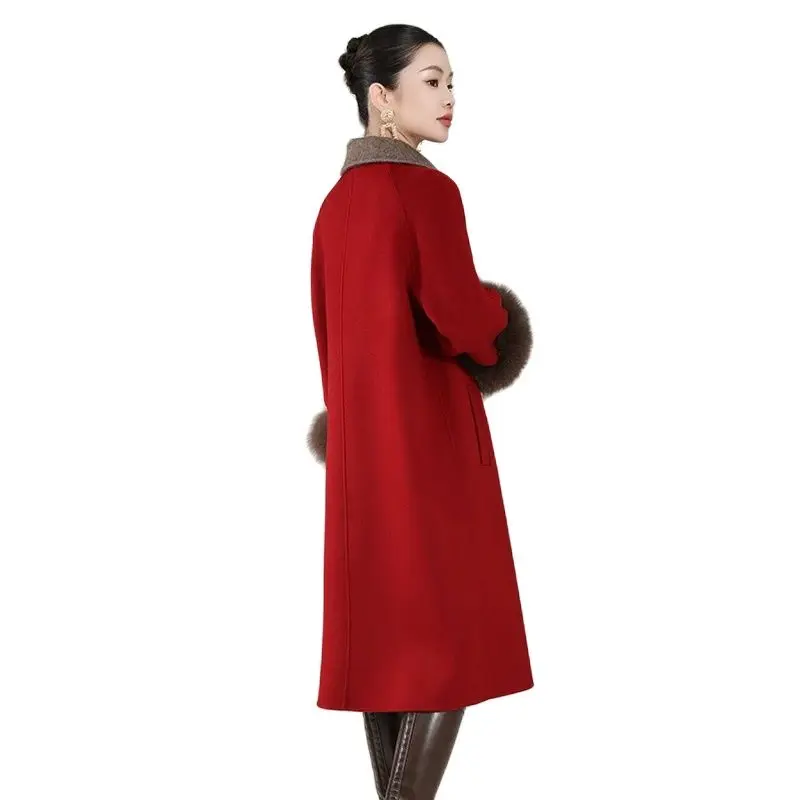 High-End Fur Sleeve Women\'s Coat Autumn and Winter New Double-Sided Woolen 100% Pure Wool Coat Fashion Elegant Women\'s Clothing