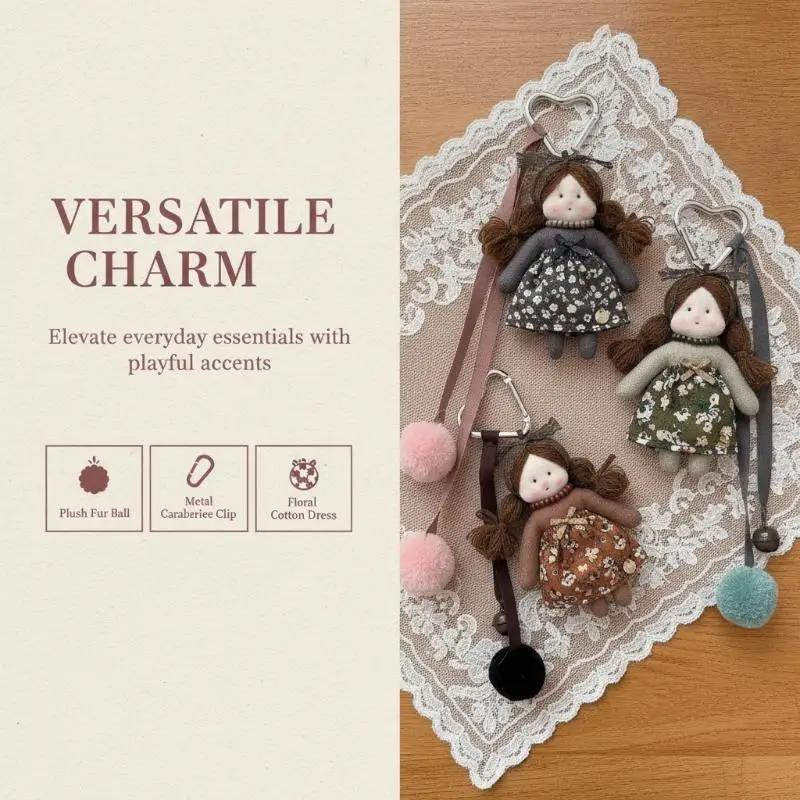 Niedlicher Schlüsselanhänger mit langhaariger Puppe, flauschigem Pompon und Blumenkleid-Anhänger für Teenager-Mädchen, Rucksack- und Handtaschen-Accessoire – Detail 8