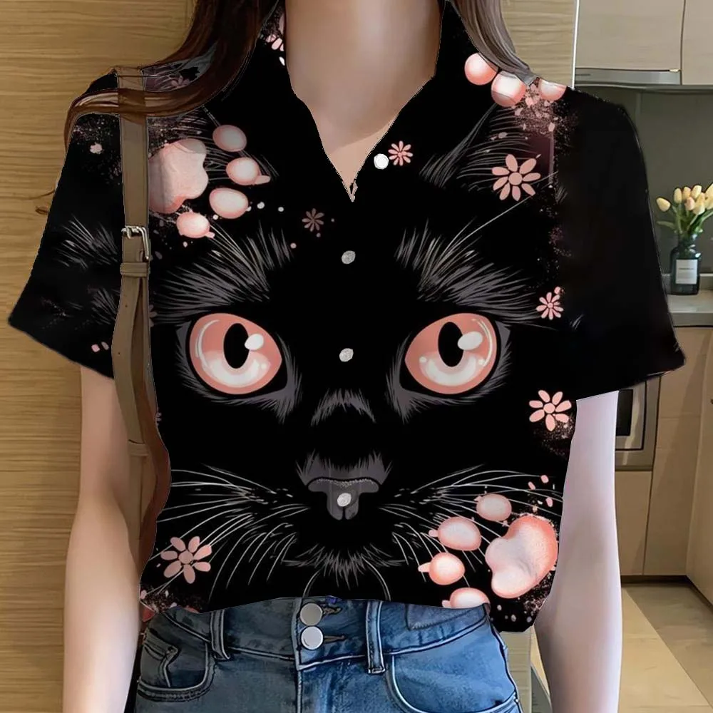 Womens Shirts Short Sleeve Button Artistic Cute Cat Printed Casual Hawaiian Beach Shirt Summer New  Blouse Women's Clothes