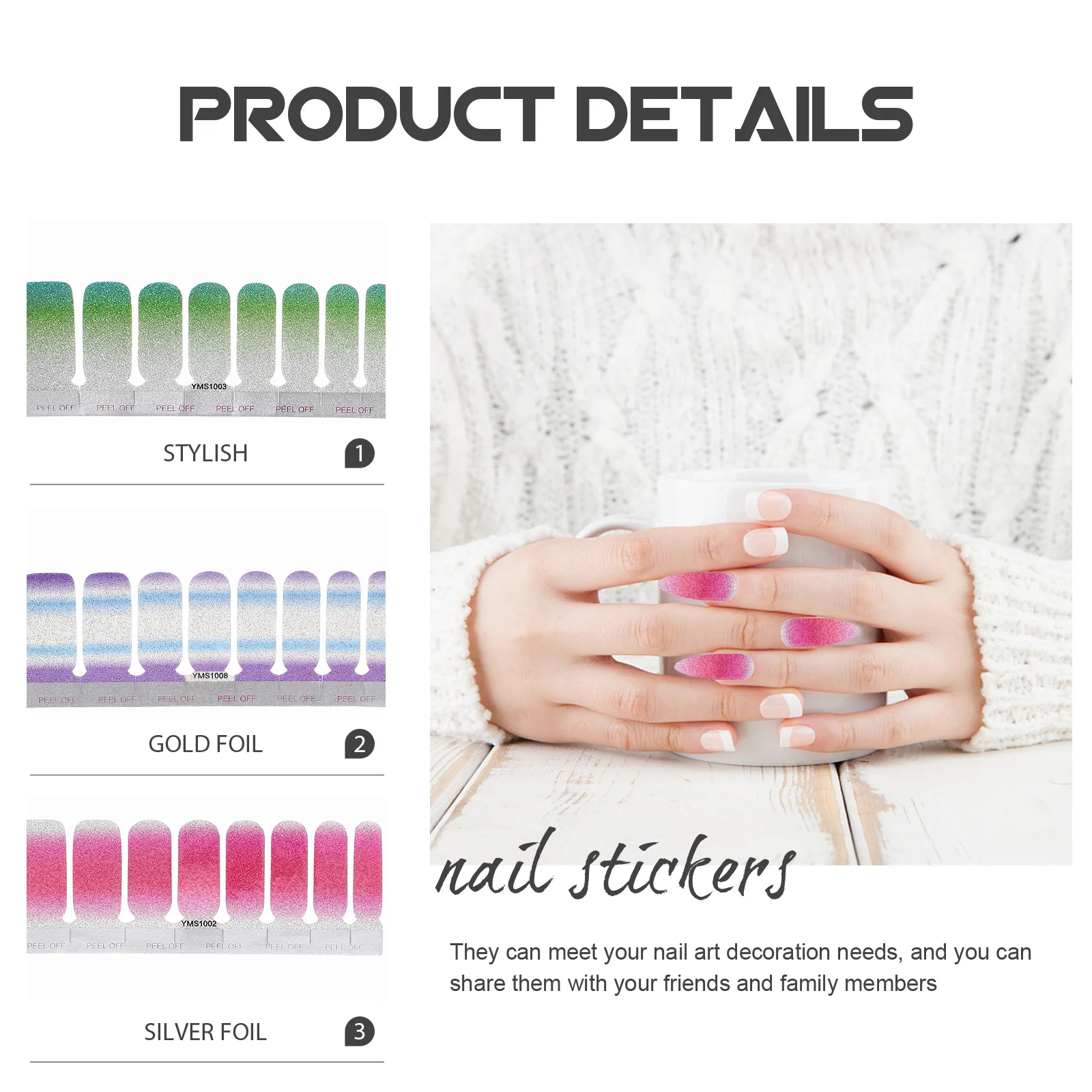 

5pcs Fresh Style Nail Polish Stickers Full Cover Nail Art Strips Ultra-Thin Durable Manicure Decals For Wedding Dating Diy