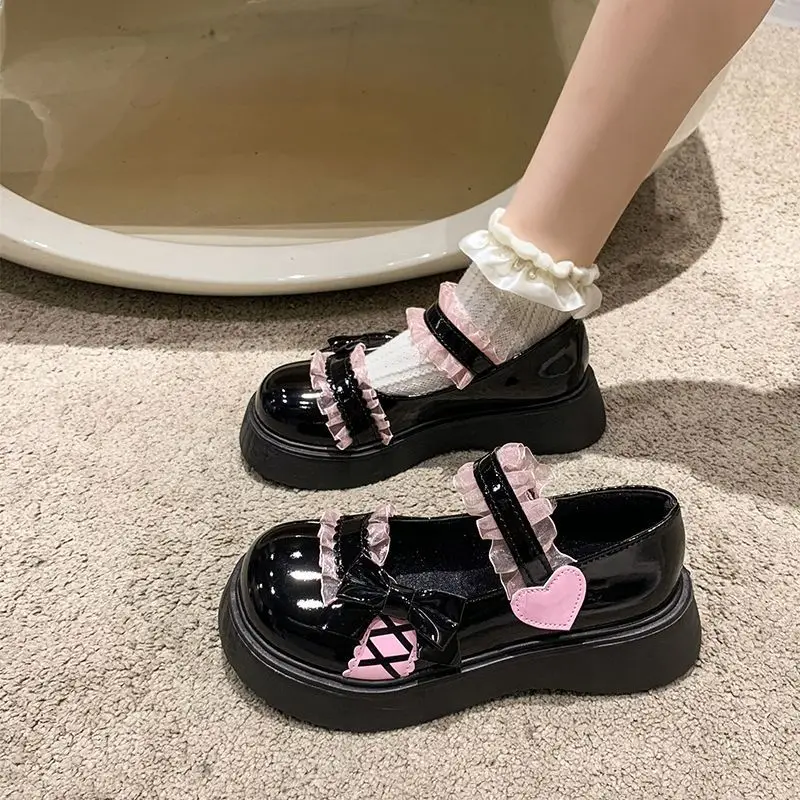 2022 New College Style scarpe da donna tacchi Lolita Mary Jane scarpe papillon Y2k estetica punta tonda scarpe con plateau per le donne