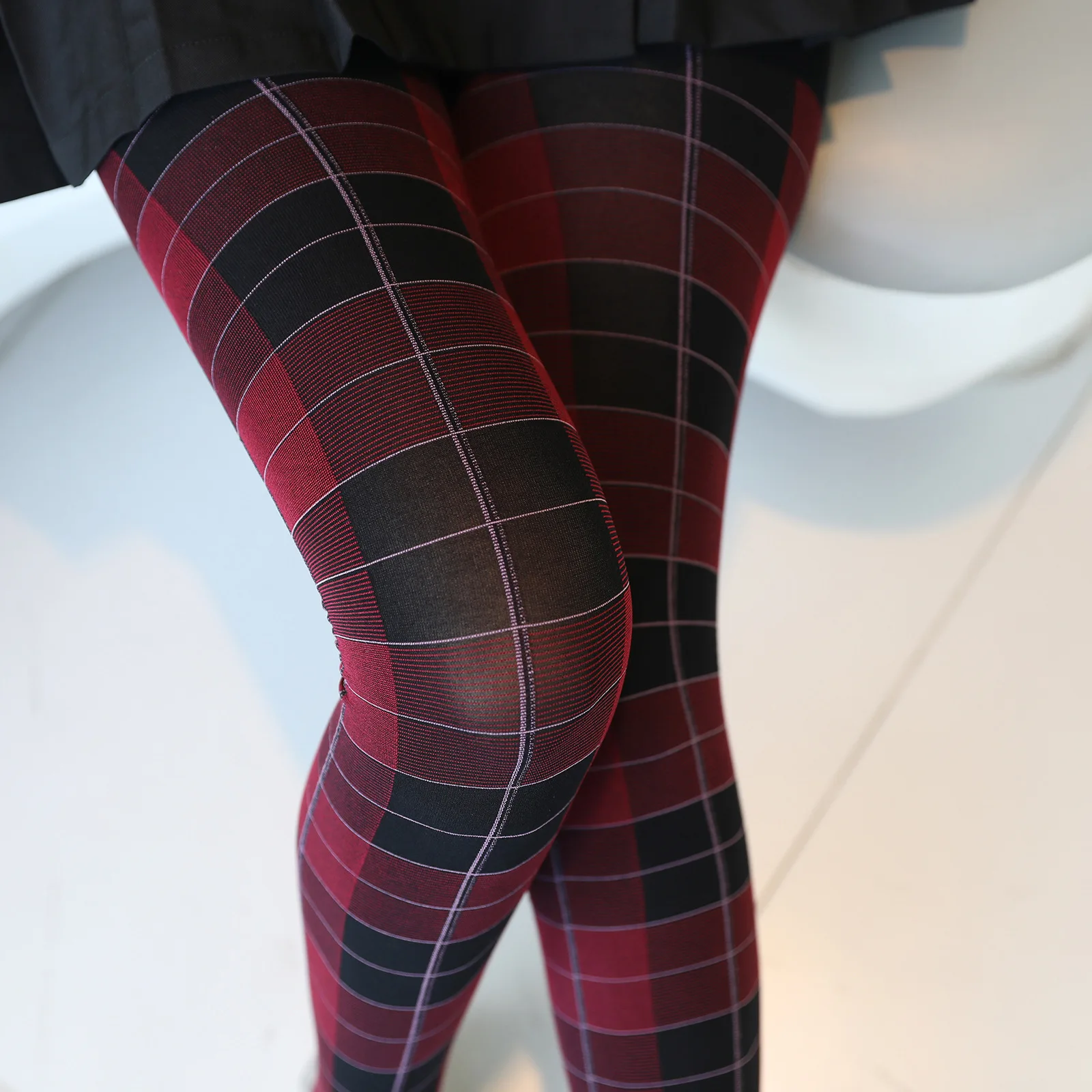 Retro Color-blocked Checkered Women's Pantyhose Preppy Style Versatile Elastic Show Slimming Plaid Tights