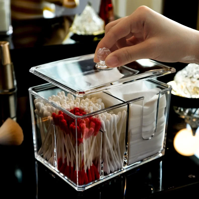 Clear Acrylic Cotton Swab Ball Holder Organizer with Lid Canister for Make Up Pads, Floss Picks, Vanity Storage, Cosmetics