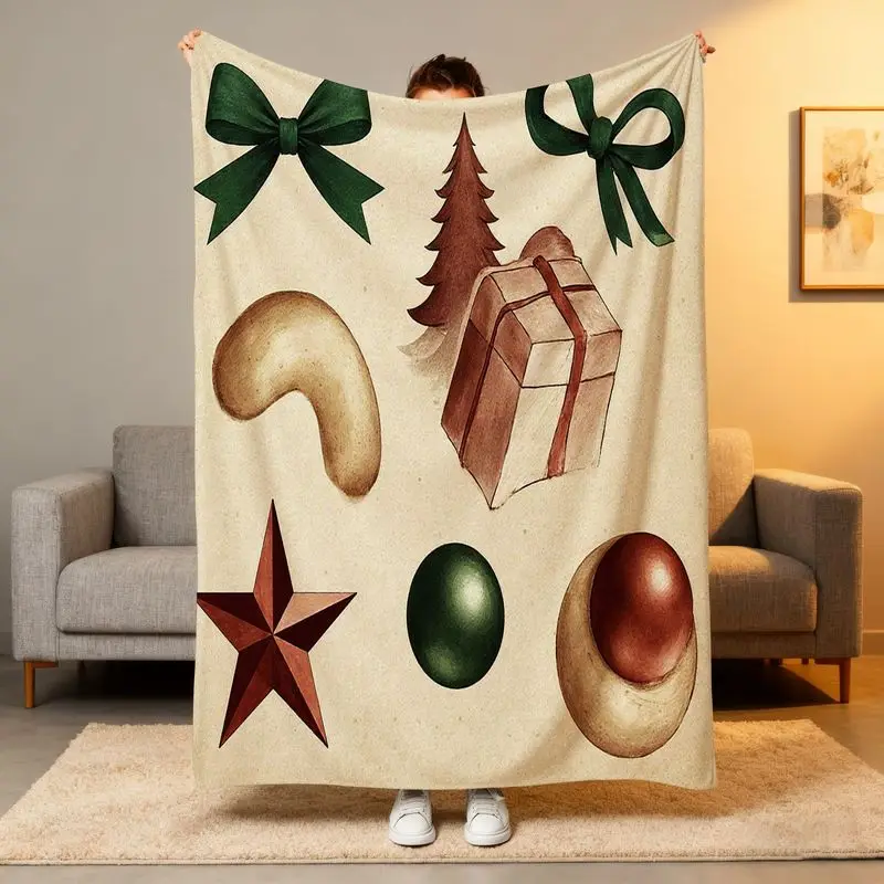 

1pc Vintage Christmas Flannel Blanket - Beige/Green Brown Tree/Gift Box, All-Season Living Room Bedspread