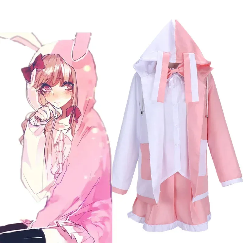 

Danganronpa2 Monomi Cosplay Costume Dangan Ronpa Cosplay Uniform School Hooded Skirt With Pink Rabbit Pink Long Wig