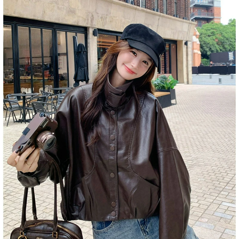 Paired with Wallet Short Coat fashion Black Leather Jacket for Women with A High-end Look A New Autumn Style for Petite Women