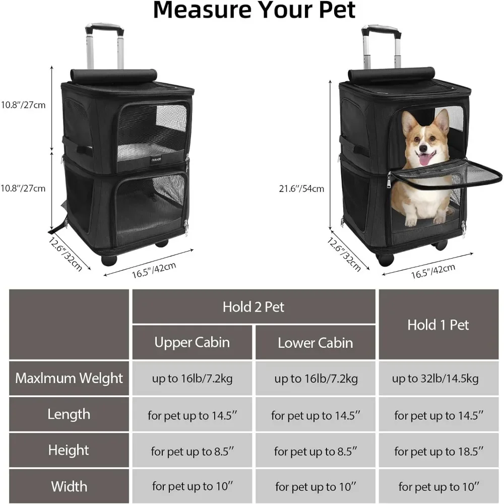 Double-Compartment Pet Dog Rolling Carrier Backpack with Wheels, Cat Carrier for 2 Cats, Ventilated Design, Ideal for Traveling