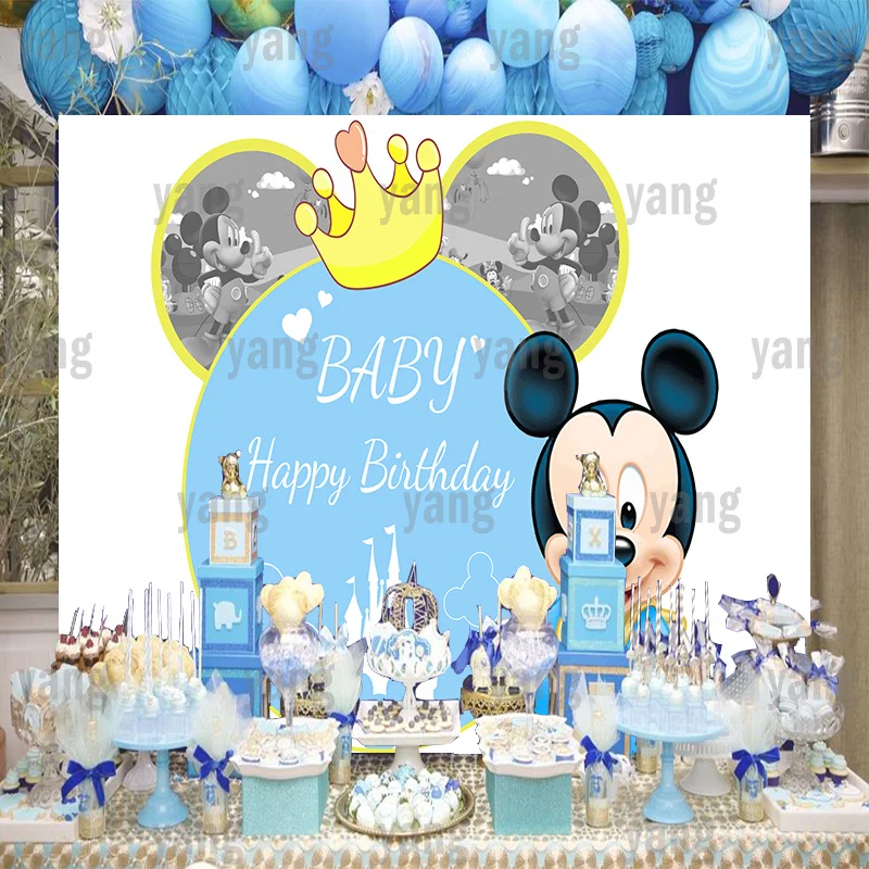 Cute Cartoon Custom Disney Lovely Baby Mickey Mouse Golden Grown Blue Backdrop Birthday Party Decoration Photography Background