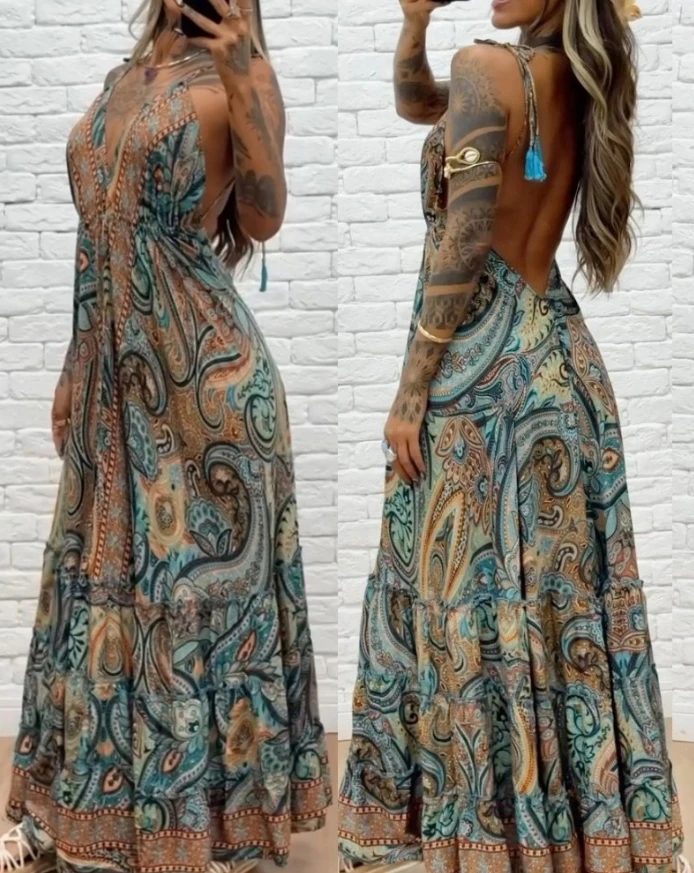 

Tribal print V-neck slim shoulder strap long skirt casual backless flowing A-line dress 2025 summer new women's clothing