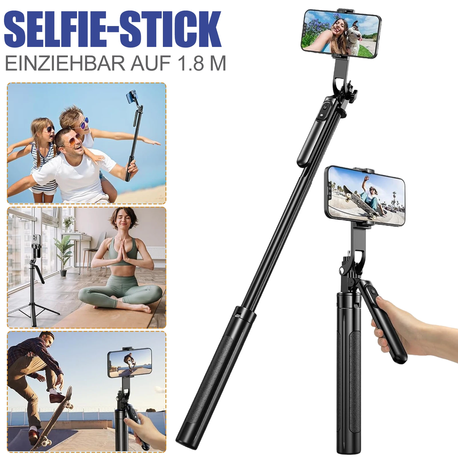 1 Stück ausziehbarer Handy-Selfie-Stick, mit Stativ, 1/4"-Anschluss, 360° °   Rotation, Ausgleichsgriff