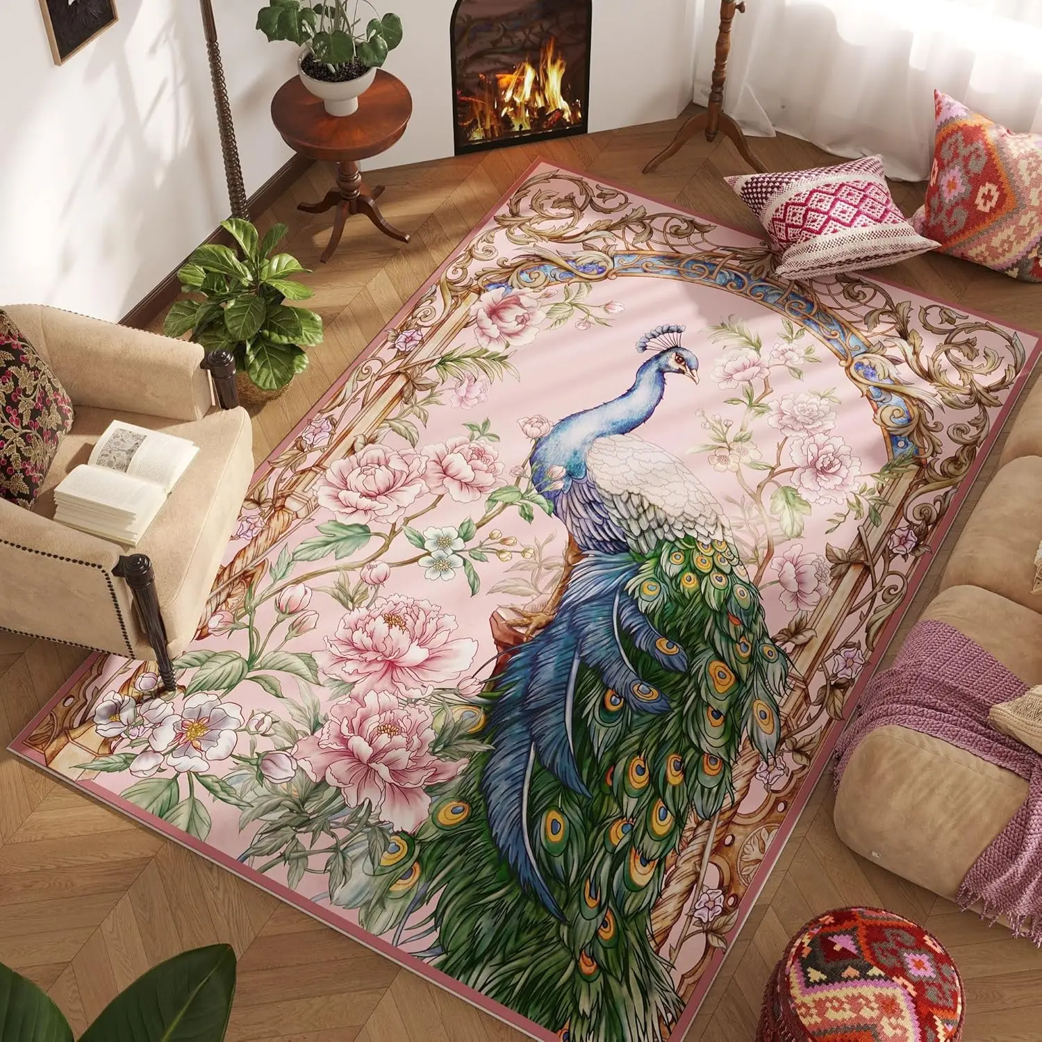 Room Clearance Washable Floral Peacock Non Slip Vintage Low Pile Large Rug for Living Room, Dining Room, Kids Playroom(Pink)