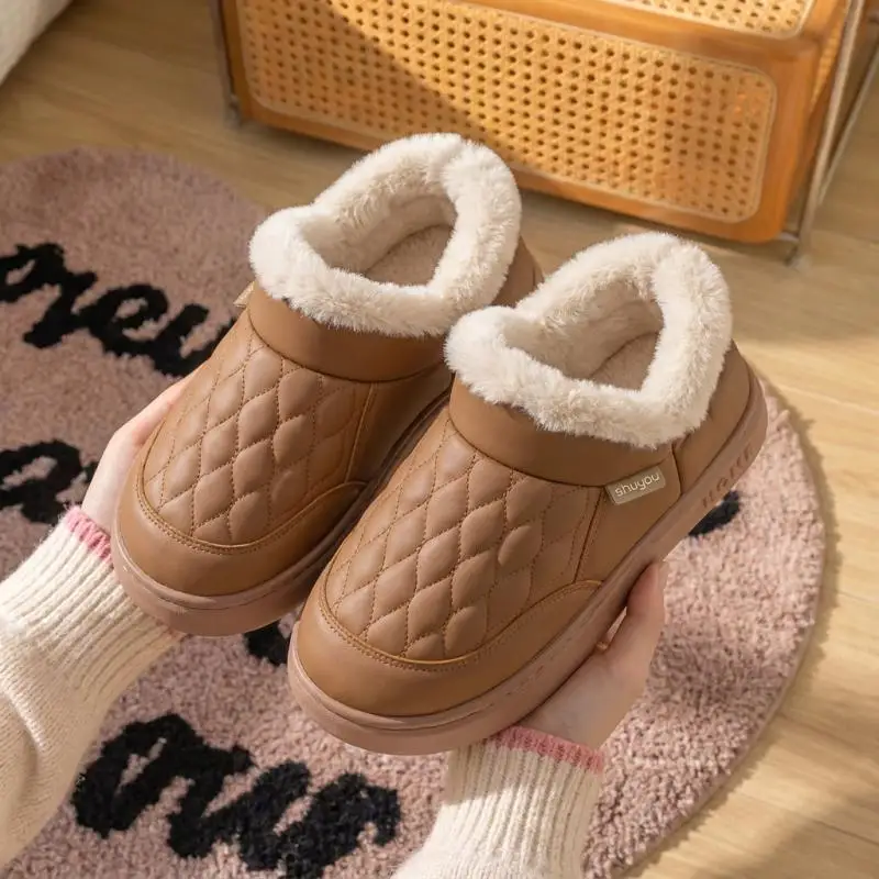 Women Waterproof Pu Leather Thick Bottom Snow Boots Winter 2026 Plus Size Warm Plush Ankle Boots Women Comfort Home Cotton Shoes