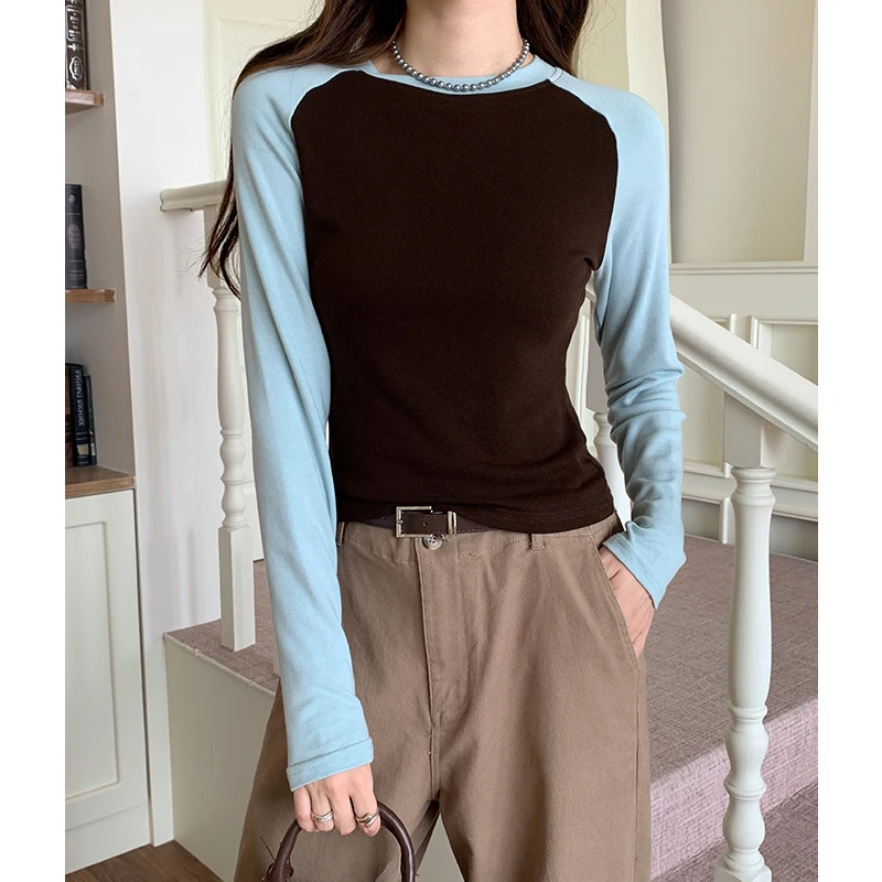 

Spring Autumn Vintage Patchwork Women's T-shirts 2025 New Long Sleeve Korean O-neck Knitted Short Shirts Tops Female
