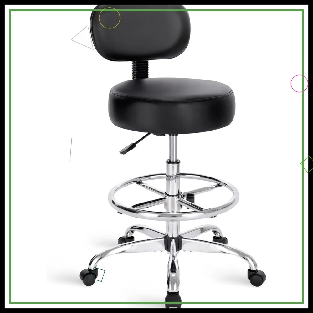 フットレスト付き調節可能な製図椅子、オフィスキッチンショップ用ローリングスツール - ブラック