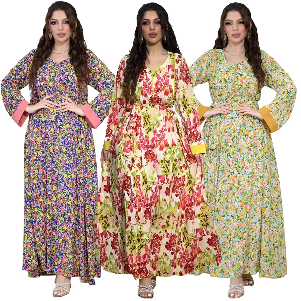 Robe musulmane imprimée pour femmes, Ramadan, Maroc, Dubaï, Arabe, Moyen-Orient, Petite robe à fleurs fragmentées, Mode de luxe, Nouveau