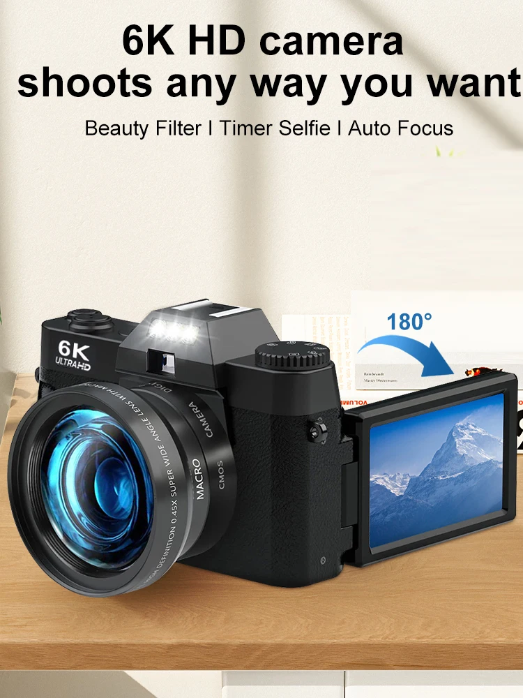 Appareil photo de photographie numérique 6K, Zoom numérique 16X, enregistreur vidéo Vlog Vintage 64MP YouTube 180 ° Caméra Web WiFi à écran rabattable avec Flash