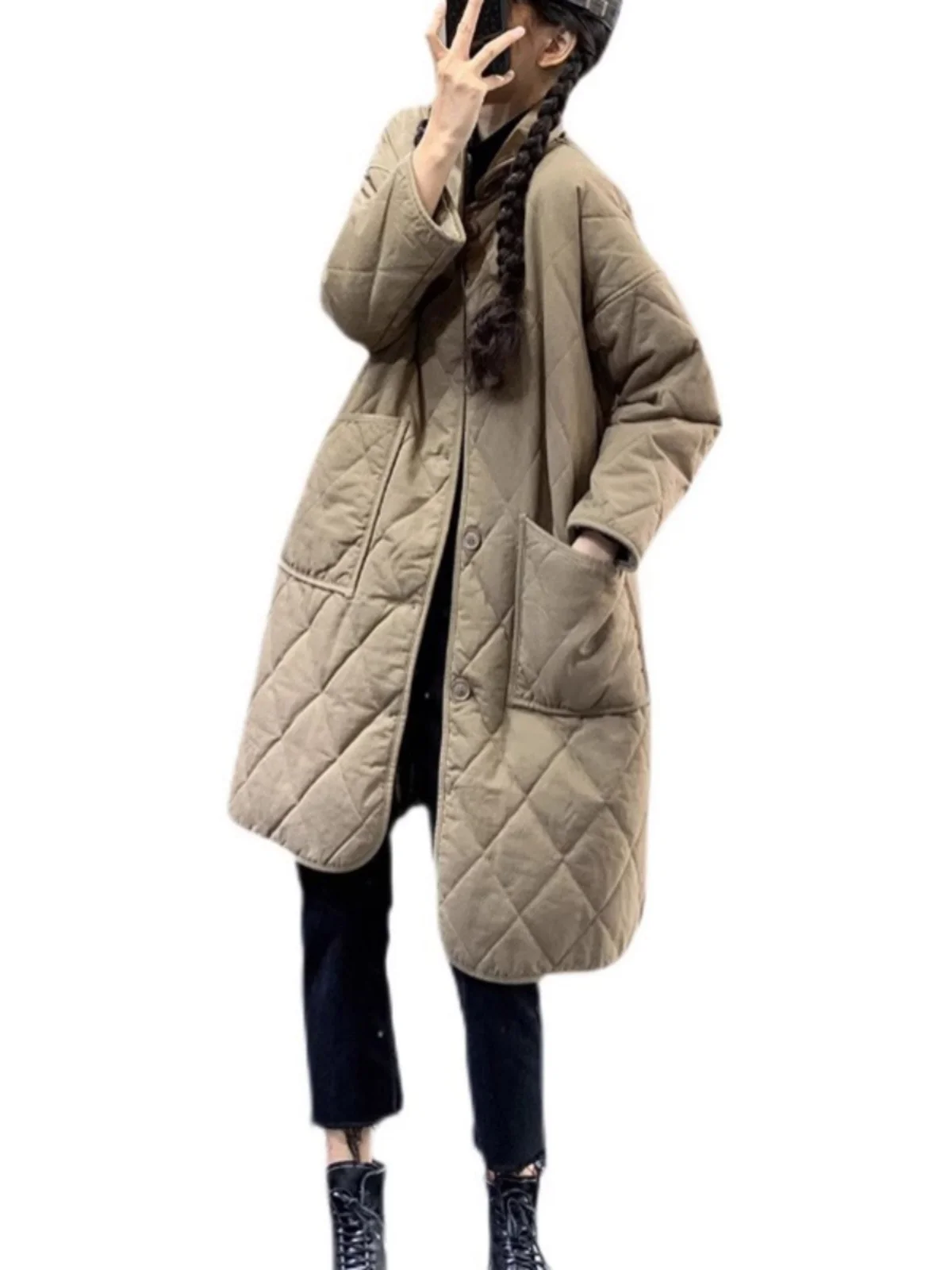 Jaet de algodón suelto para mujer, ropa de abrigo cálida, abrigo de invierno coreano Sle Long Sve con cuello levantado y cierre de botón