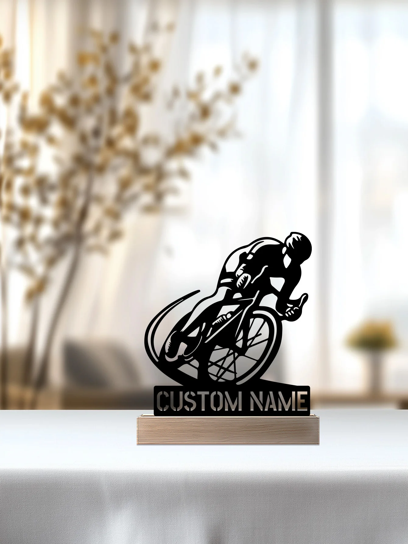 รูปปั้นจักรยานทันสมัยแบบเฉียง 1 ชิ้น พร้อมฐานไม้ งานโลหะสั่งทำพิเศษ ประดับตกแต่งด้วยเหล็กและงานฝีมือจากโลหะดีบุก พร้อมฐานไม้