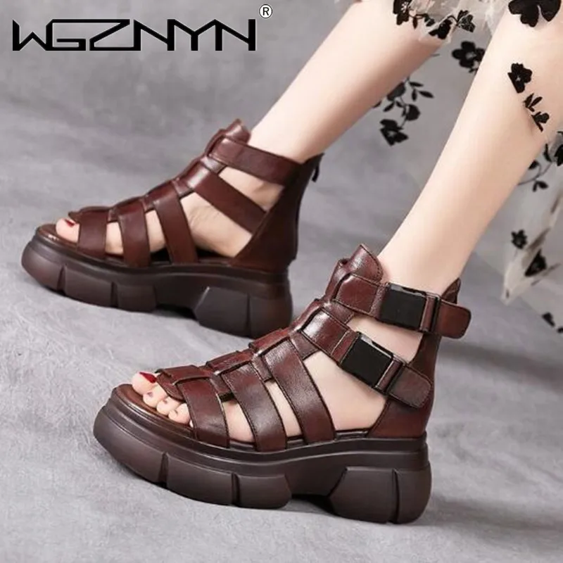 Handmade Genuine PU Leather Retro Shoes Women Sandals 2022 New Ankle Boots Summer Handmade Hollow-out Casual Platform Sandals