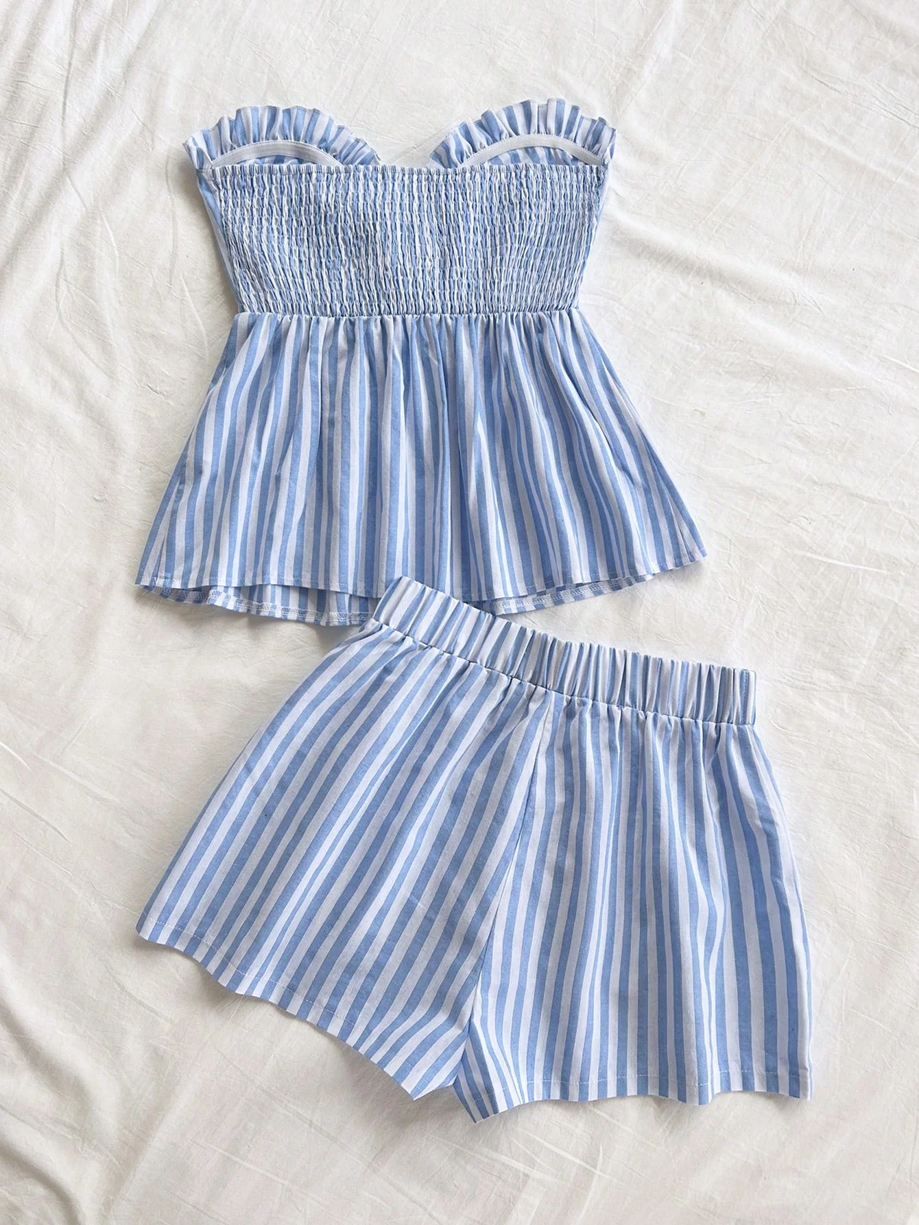 Blue And White Striped Set with Bow Waist Top And Casual Shorts Women's Preppy Style Outfit Two-Piece Ensemble - view 2