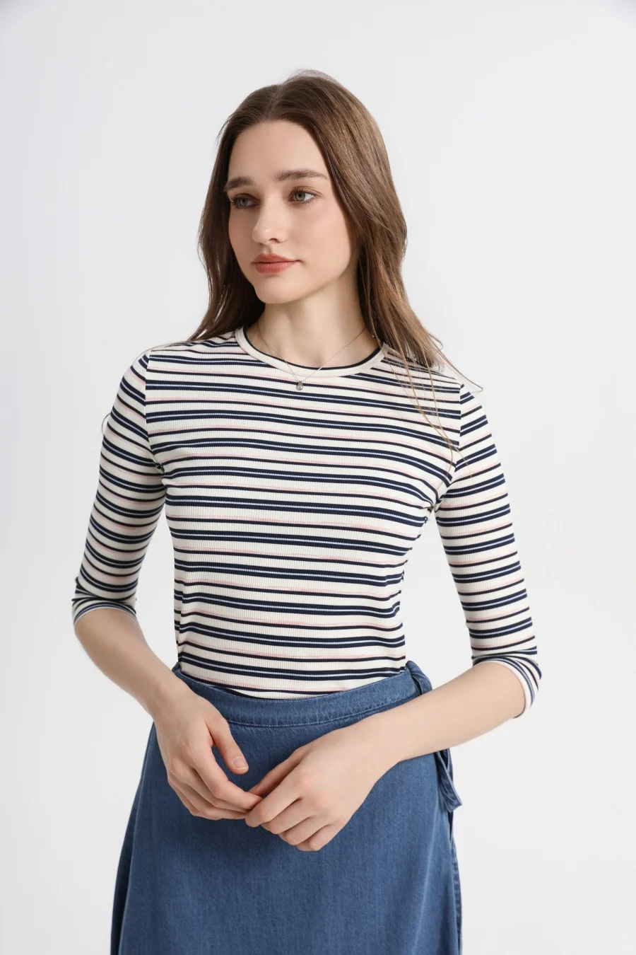 AS 2025 Striped ribbing 3/4 sleeve basic tops for teen girls and woman clothing high stretch close -fitted design image 5