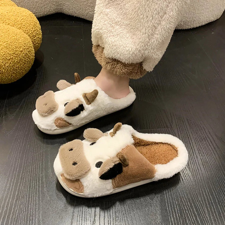 Winter Slippers Schattige Vrouwen Meisjes Kawaii Pluizige Warme Pluche Slippers Cartoon Melk Koe House Grappige Casual Schoenen