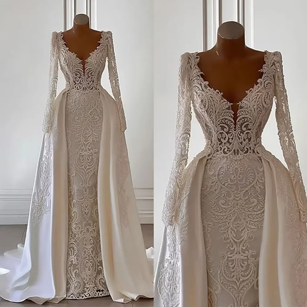 Luxurious Mermaid Decal Women's Wedding Dress Sexy Deep V-neck Transparent Strap Detachable Ball Party Bridal Dress Customized