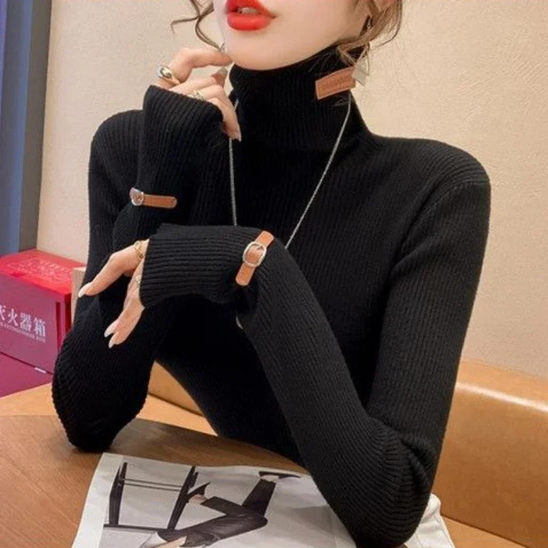 Turtleneck Knit Tops for Woman Gigh Neck Jerseys Pullovers White Black Women's Sweater New Knitwear Y2k Fashion Korea 2024 Sale