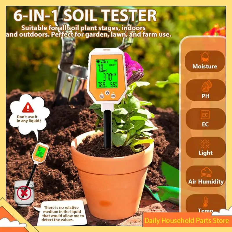Probador de suelo 6 en 1 PH/EC/humedad/luz solar/humedad del aire/temperatura medidor de PH de conductividad de alta precisión para jardinería y agricultura ¡CALIENTE!