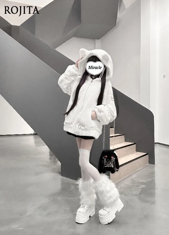 

White Japanese Original Design Mass-Produced Lace Style Fleece-Lined Plush Cat Ear Coat Cute Sweet Cool Faux Fur Coat
