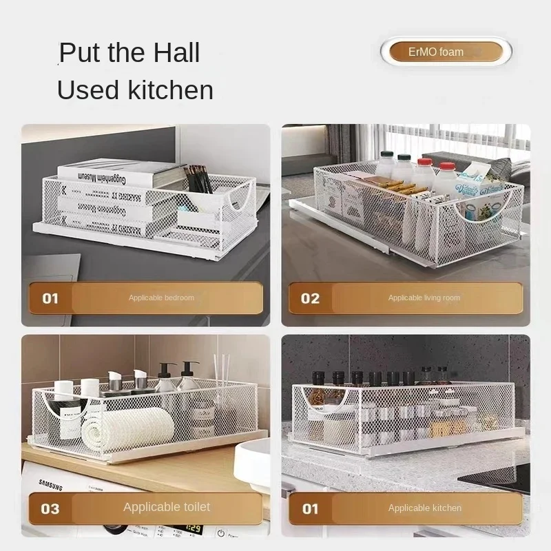 Folding Kitchen Storage Basket Pull-Out Seasoning Rack Cabinet Drawer Organizer Debris Storage Shelf for Kitchen Organizer