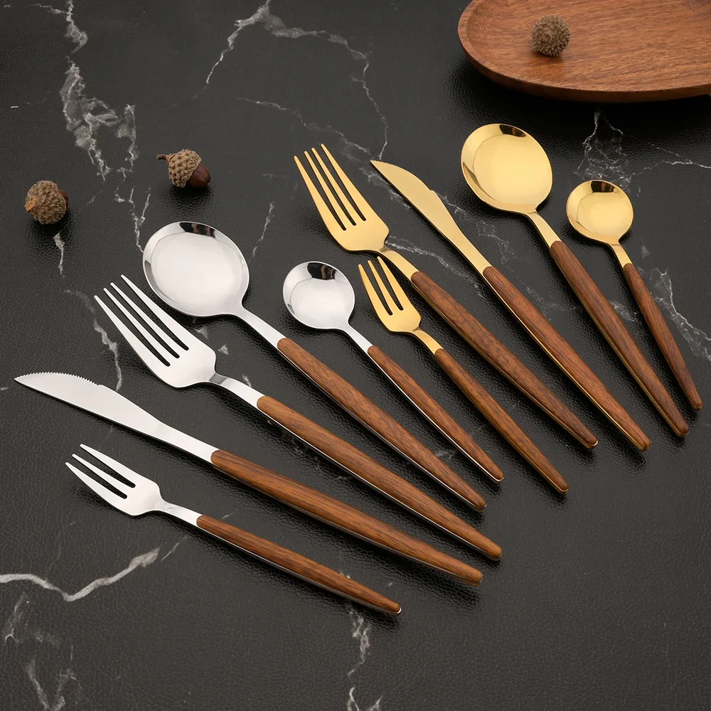 25Pcs Stainless Steel Imitation Wooden Handle Cutlery Set Dinnerware Clamp Western Tableware Knife Fork Tea Spoon Flatware Set