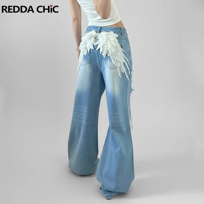 

REDDACHiC Angel Wings Applique Women Jeans Y2K Aesthetic Do Old Holes Destroyed High Waist Baggy Denim Pants Retro Streetwear